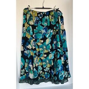 Reversible Chiffon Blue and Black Floral Flare Ruffle Edge Skirt XL